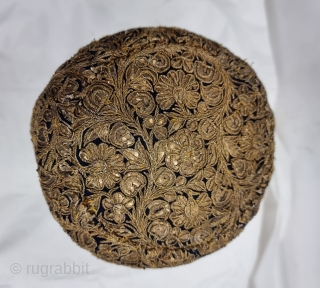 Parsi Topi (Hat) Zardozi Embroidered on Silk, With Real Silver Thread with Gold Polish, From Surat Gujarat India.
India. India.

Early19th Century (20230513_155042).            