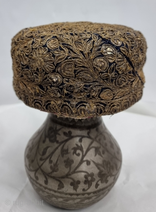 Parsi Topi (Hat) Zardozi Embroidered on Silk, With Real Silver Thread with Gold Polish, From Surat Gujarat India.
India. India.

Early19th Century (20230513_155042).            