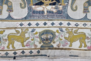 Unique and Rare Temple Hanging Applique work from South India. India. Cotton with cotton  Applique work. Showing the Lord Krishna with both side Elephants Surrounding with Beautiful Lions and Tree's.

C.1850 -1875.

Its  ...