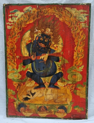 Dramatically Tibetan Buddhist Hand Painted Wood Panel depicting symbols of Tibetan mythology such as Tigers Dragons and Lamas From Tibet. C.1875-1900. Its size is 59cmX80cm (20220831_161648).       
