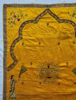 An  Rare Temple Hanging, Silk And Real Zari Embroidery on the Silk. It is showing Lord Surya Narayan and two Gopis, which is a very rare Subject to get.From Gujarat in Northwest  ...