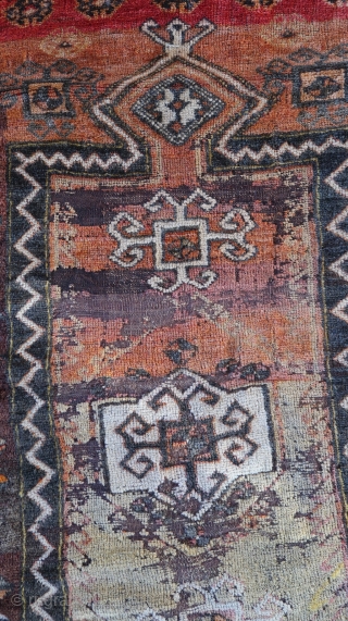 From Sonny Berntssons collection:
East Anatolian prayer rug fragment 73 x 130 cm
Circa 1870.
Mounted on fabric.
An old used prayer rug with damage as can be seen on photos.
More info if you ask.
NOTE: E-mails  ...