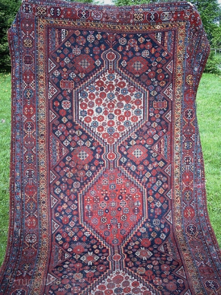 From Sonny Berntssons collection:
No 944 Khamseh large rug 153x331 cm. Circa 1870
Low pile, some damages. Mounted on cotton fabric.
More info if you ask.
NOTE: E-mails are not always delivered to me due to  ...