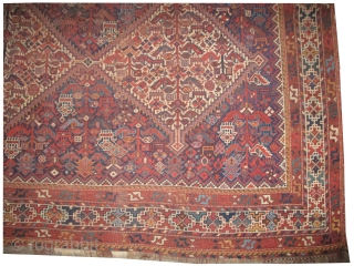Shiraz-Khamse Persian knotted circa 1900 antique. 328 x 224cm  carpet ID: P-5741
The black knots are oxidized. The knots, the warp and the weft threads are hand spun lamb wool. The background  ...