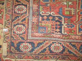 Heriz Persian, old, 336 x 240 cm, carpet ID: P-5918
The black knots are oxidized, the knots are hand spun wool, used places.

           