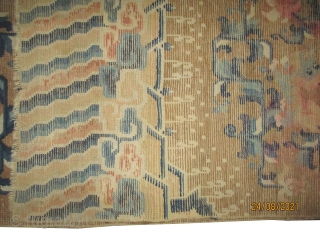 

Ningxia Chinese lion-dogs rug, knotted circa 1880 antique, collectors item, 244 x 154 cm, ID: K-4673
The knots are hand spun wool, the background color is gold, the pile of oxidized places is  ...