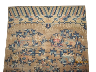 

Ningxia Chinese lion-dogs rug, knotted circa 1880 antique, collectors item, 244 x 154 cm, ID: K-4673
The knots are hand spun wool, the background color is gold, the pile of oxidized places is  ...