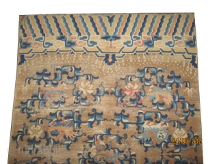 

Ningxia Chinese lion-dogs rug, knotted circa 1880 antique, collectors item, 244 x 154 cm, ID: K-4673
The knots are hand spun wool, the background color is gold, the pile of oxidized places is  ...