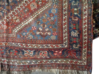 

Qashqai Persian knotted circa in 1905 antique, collector's item, 251 x 170 (cm) 8' 3" x 5' 7"  carpet ID: K-3445
The black knots are oxidized. The knots, the warp and the  ...
