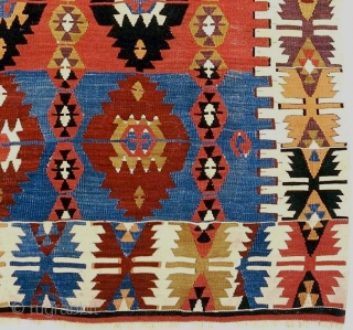 An outstanding central Anatolian single-width kilim, first-half 19c, with lovely purple and light blue dyes.                  