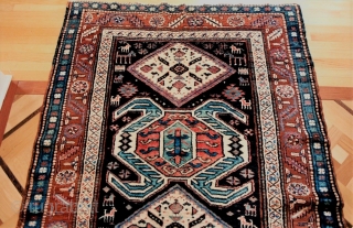 Great tribal character in this unusual Kurdish rug from the Transcaucasus with a Lenkoran-inspired pattern, last quarter 19c. Note the diverse range of village people and assorted creatures of many types. Long  ...
