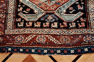 Great tribal character in this unusual Kurdish rug from the Transcaucasus with a Lenkoran-inspired pattern, last quarter 19c. Note the diverse range of village people and assorted creatures of many types. Long  ...