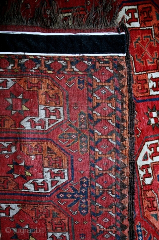 Outstanding true Ersari carpet, about 6 x10 feet, ca. 1860,very good pile, a couple of small restored areas about 5 sq inches seen in photos, minor insect nibbles, original selvages and flat  ...