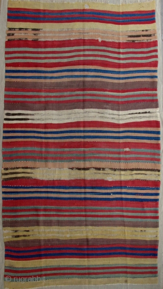 ca. 1800 Central Anatolian Striped Kilim Fragment,150x270cm,beautiful and clear soft pallete,typical to Cappadoccia,professionally mounted on linen.                 