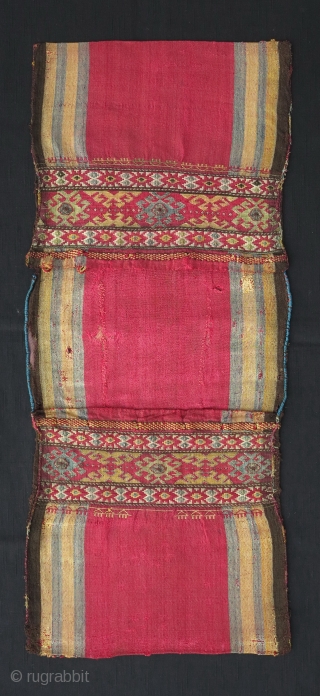 Complete Karabagh Silk Khorjin, first half of 19th century, 80x32cm, extremely finely woven in jajim technique with sumak decorations outlined with metal threads. Probably made in Nagorno Karabagh by Armenian master weaver.  ...