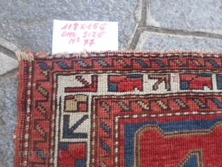 Antique Kazakh from Caucasus in fair condition.
Wool on wool and natural colors for this piece.
Very archaic design and shiny colors.
More info or pictures on request.
REGARDS from COMO !      ...