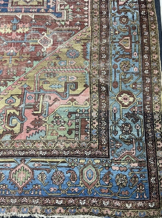 Antique Bakshaish Rug in large size and perfect colors ( camel hair , salmon , red , blue border )
Condition is bit worn but age and quality is perfect and no repair  ...