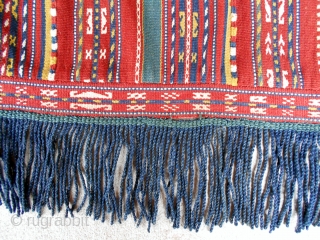 Uzbek horse cover, 41 X 59 inches excluding frills.  Nice piece with good dyes; probably early 20th.  In excellent shape, just one dime-sized reweave in field (see).    