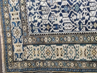 Antique Caucasian Kuba Konagkend Rug, probably last half 19thC. Good condition with overall low pile. Size 48"X 60"/122 X 152cm. All natural colors including blues, blue-green, yellow and black. Selvedges replaced but  ...