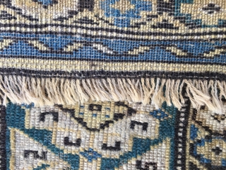 Antique Caucasian Kuba Konagkend Rug, probably last half 19thC. Good condition with overall low pile. Size 48"X 60"/122 X 152cm. All natural colors including blues, blue-green, yellow and black. Selvedges replaced but  ...