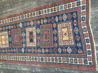 Early Antique Caucasian Karachop (or variant) long rug, probably from 3rd Qtr 19thC. Beautiful bold design with a great variety of colors including several blues, aubergine, lemon yellow, and green. Size: 9'3"  ...