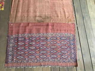 Early Turkman Yomud kilim Chuval or wall bag with the embroidered design woven in the soumac technique. All natural colors with blues and green dominating. Measures appx. 4'X 2'7"/122 X 76cm closed  ...