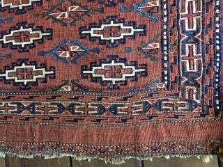 Early Turkman Yomud kilim Chuval or wall bag with the embroidered design woven in the soumac technique. All natural colors with blues and green dominating. Measures appx. 4'X 2'7"/122 X 76cm closed  ...