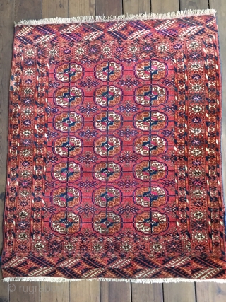 Brightly colored antique Tekke Turkman small possibly ceremonial or wedding rug. All good colors with cochineal and madder throughout. Allover good medium pile. Selvedges original except as shown in last photo. Measures  ...