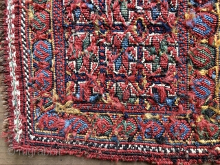 Rare Antique Baktiari Soumak Chanteh or small bag, 19 X 13 Inches. Probably late 19th Century. All natural colors including beautiful jewel-like blue and green. Good condition including original selvedges with some  ...
