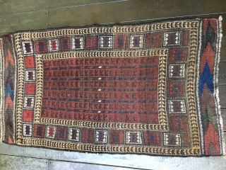 Unusual Design Antique Baluch Rug, probably Khorasan, with all natural colors. Good condition with lower pile in center. Outstanding original kilim ends with floating wefts in white cotton. Selvages partially replaced or  ...