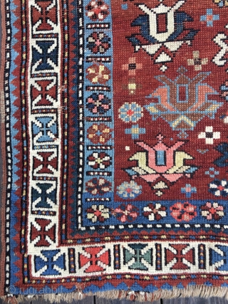 Unusual Antique Caucasian Rug, late 19th Century. Bright saturated colors, mostly all natural with the exception of a light red and possibly the pink. Unusual tulip design field. White main border with  ...