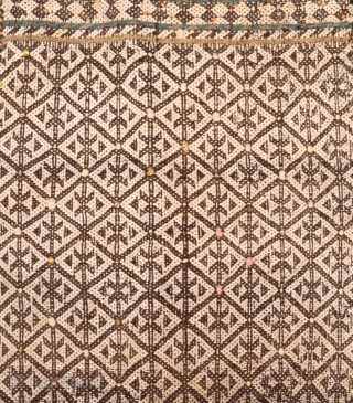 This antique Qashqai chanteh or bag has a geometric grid pattern on the front that plays with the contrast of light and dark colors. Wool and cotton are spun extremely fine. The  ...