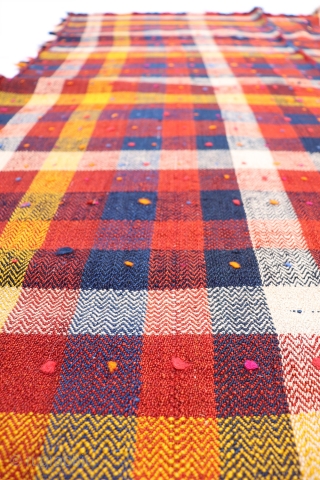 An all wool, naturaly dyed Qashqai jajim, called ¨moj in Iran. 
Moj were used to cover the piles of carpets and kilims in nomadic tents, although today they are used as yet  ...
