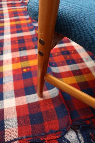 An all wool, naturaly dyed Qashqai jajim, called ¨moj in Iran. 
Moj were used to cover the piles of carpets and kilims in nomadic tents, although today they are used as yet  ...