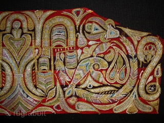 Embroidery fragment cod. 0581. Silk on silk. 19th. century. Albania. Very good condition. Dimension cm. 17 x 44 (7" x 17"). Backed with a black cotton textile and mounted on a wooden  ...