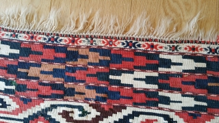 Antique Turkmen Yomud Kilim.
42 inches wide by 86 inches long.
Interlocked tapestry weave.
Small brocade band at each end.
Design elements found in other Turkmen and Uzbeki kelims and tent bands.
Sometime referred to as Bokhara  ...
