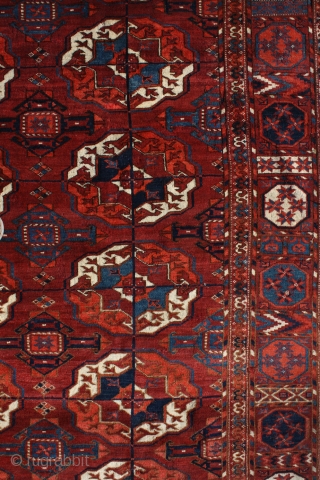 "There is geometry in the humming of the strings, there is music in the spacing of the spheres." Pythagoras Tekke main carpet, mid. 1800's. Shining in its full glory. Some old restoration  ...