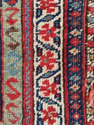 Interesting Kurdish bag from north west Persia. Note the flatweave back is not connected at the sides and there is a little damage to one corner.
52 x 54 cm    