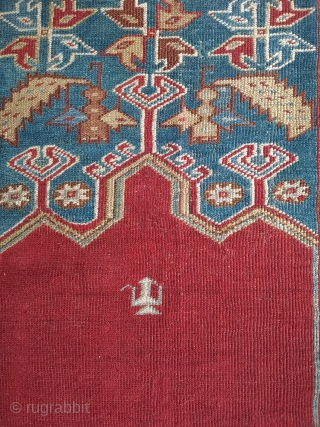 Ladik Prayer rug 199 x 118cm
Quite a lot of old repair but otherwise sound.                   