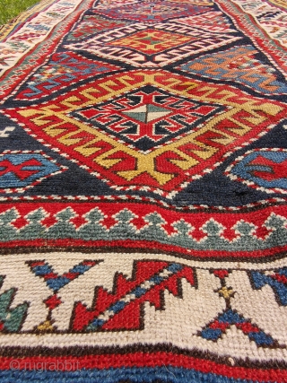 Shulaver Kazak 19thC Great colour with a floppy weave.
317 x 118 (10'5 x 3'10)                   