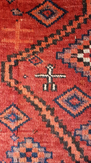 
Kohi Afshar 
This rug shows a genuine nomadic work for tribal domestic use and likely not intended for sale at bazaars

The seemingly poorly executed lozenge pole medallion may suggest a deliberate concept  ...