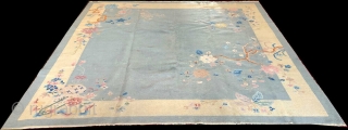 Nic3 1920 Art Deco Chinese. Condition, low even flat pile, shows wear but could be used as-is, Measures 9' x 10'.            