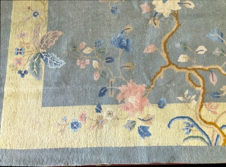 Nic3 1920 Art Deco Chinese. Condition, low even flat pile, shows wear but could be used as-is, Measures 9' x 10'.            