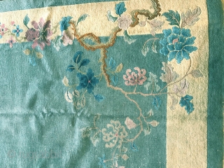 Nic3 1920 Art Deco Chinese. Condition, low even flat pile, shows wear but could be used as-is, Measures 9' x 10'.            