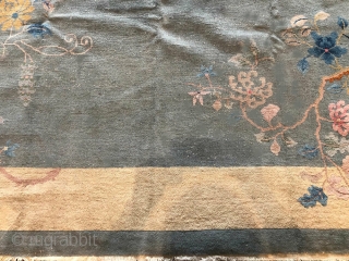 Nic3 1920 Art Deco Chinese. Condition, low even flat pile, shows wear but could be used as-is, Measures 9' x 10'.            