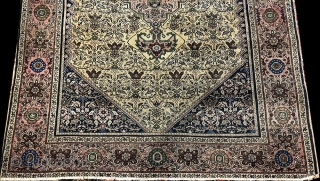 Antique Ferahan Sarouk, low even flat pile from top to bottom. shows wear. measures 4'-4" x 6'                