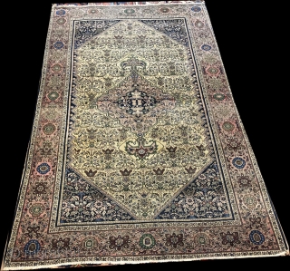 Antique Ferahan Sarouk, low even flat pile from top to bottom. shows wear. measures 4'-4" x 6'                
