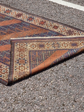 Symmetrically knotted Baluch / Balouch / Beluch rug with an unusual "tobacco" star border and a great field. In natural light you can see subtle abrash in the deep blues/greens and reds  ...