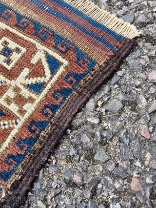 Symmetrically knotted Baluch / Balouch / Beluch rug with an unusual "tobacco" star border and a great field. In natural light you can see subtle abrash in the deep blues/greens and reds  ...