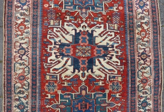 Nice Antique Karaja wool-on-wool rug, ca. 1900, 199/192 cm. x 144 cm. with a Caucasian Eagle or Sunburst medallion, in all over very good condition with well saturated all natural dyes. Endings  ...